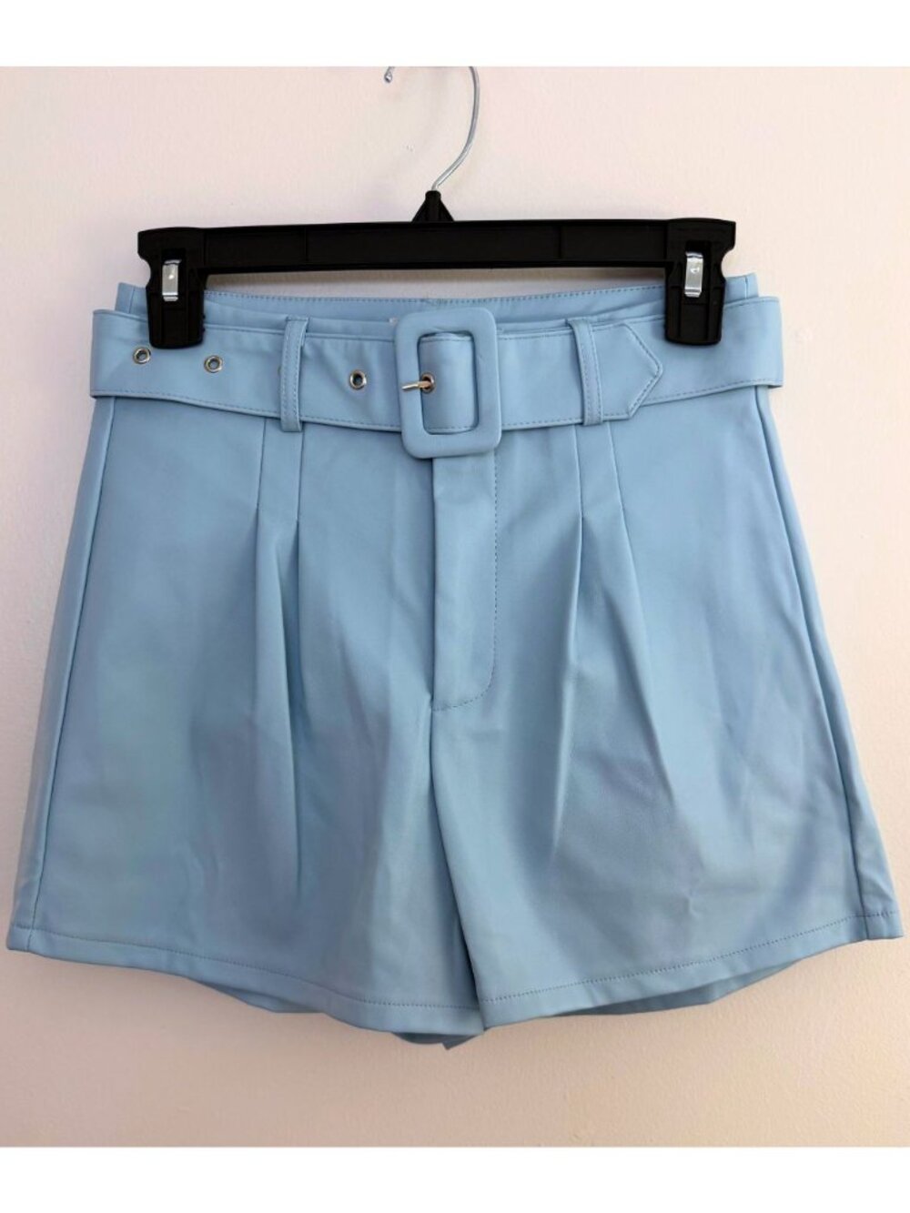 Francesca’s Blue Rain Baby Blue Faux Leather Belted Shorts Size XS
